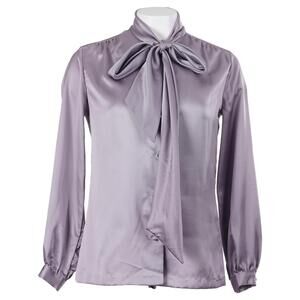 Lady Manhattan Vintage Top 8 Purple Satin Tie Neck Button Up Blouse